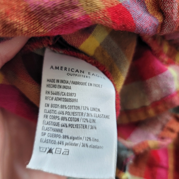 American Eagle plaid smocked fall colors strapless peplum hem top - Picture 4 of 5